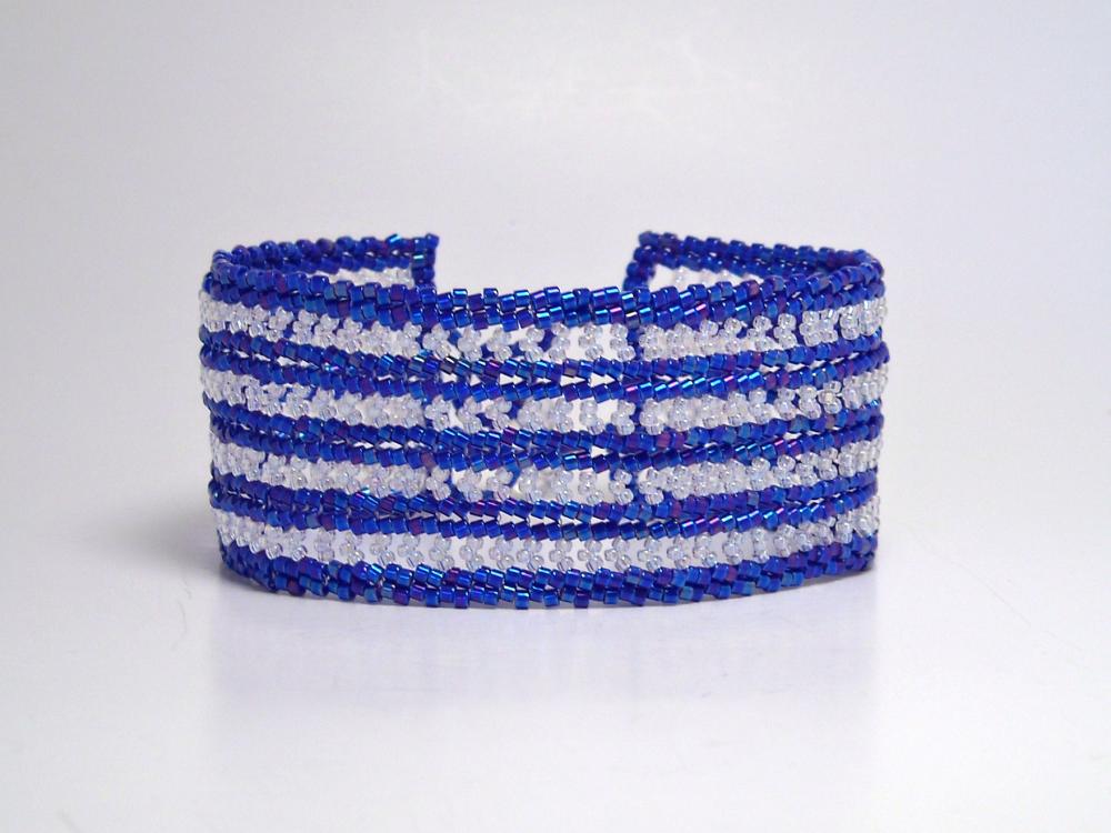 Bead Woven Bracelet in Herringbone Blue