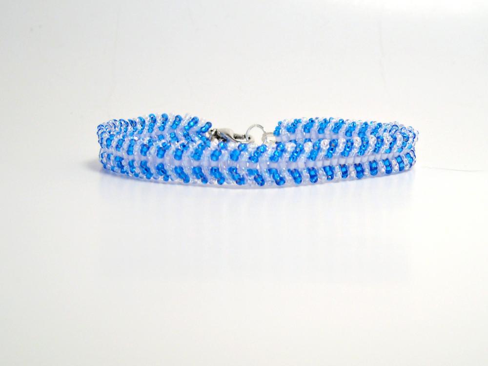 Bead Woven Bracelet Aqua Blue and Crystal