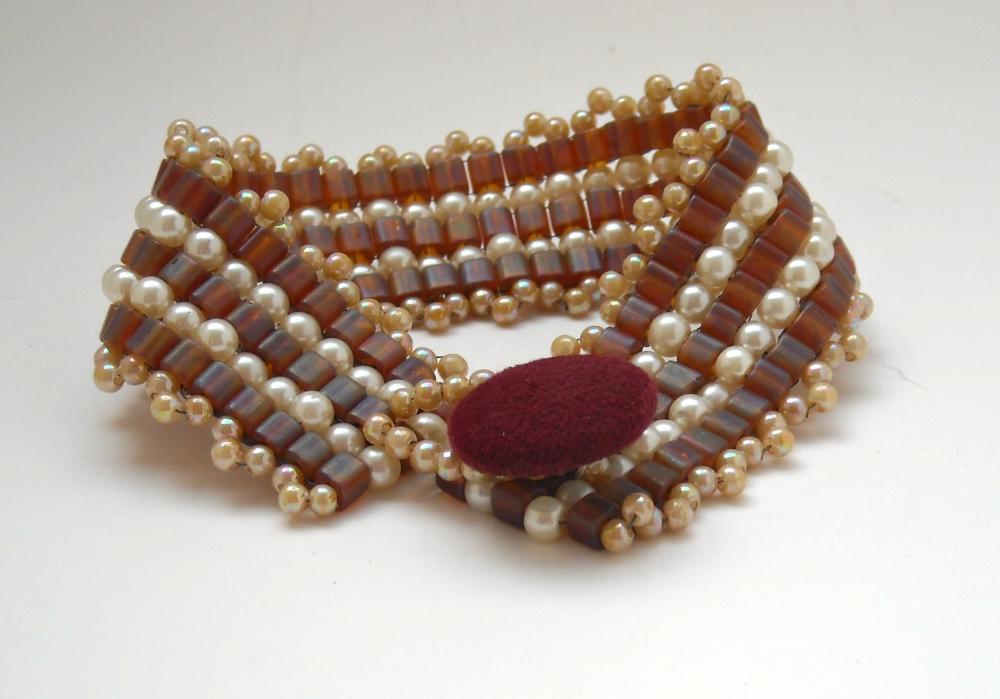 Bead Woven Cuff Bracelet Cube Beads and Pearls Button Clasp