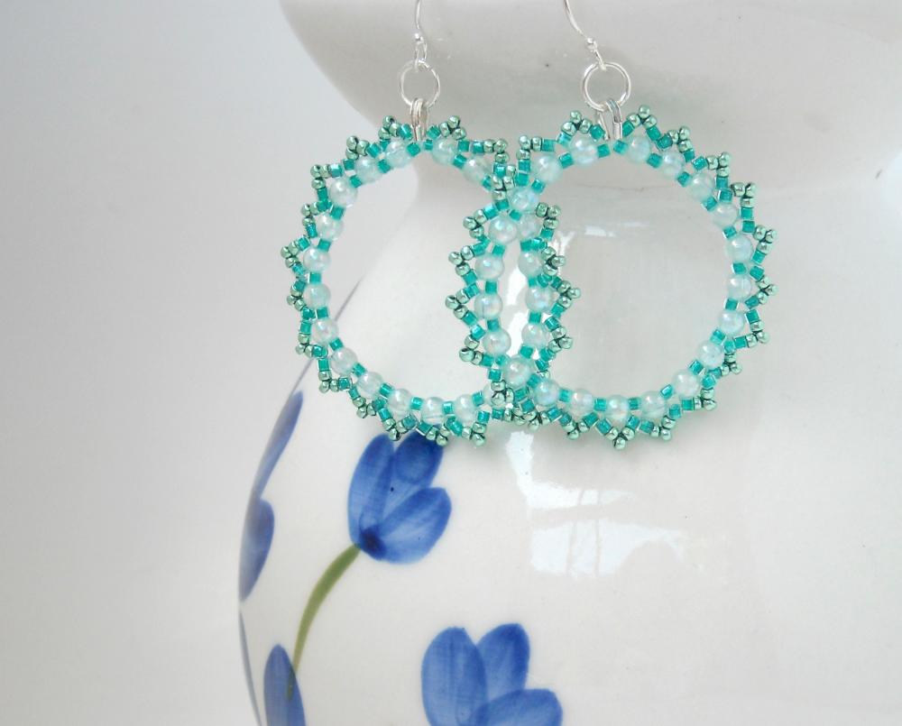 Beaded Hoop Earrings Mint Green Silver Wires