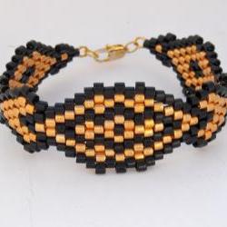 Bead Woven Bracelet Black and Gold Cuff