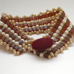 Bead Woven Cuff Bracelet Cube Beads and Pearls Button Clasp