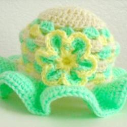 Crochet Baby Hat Granny Square Mint Green and Yellow