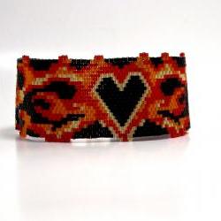 Bead Woven Bracelet Punk Heart and Flame Peyote Stitch Cuff